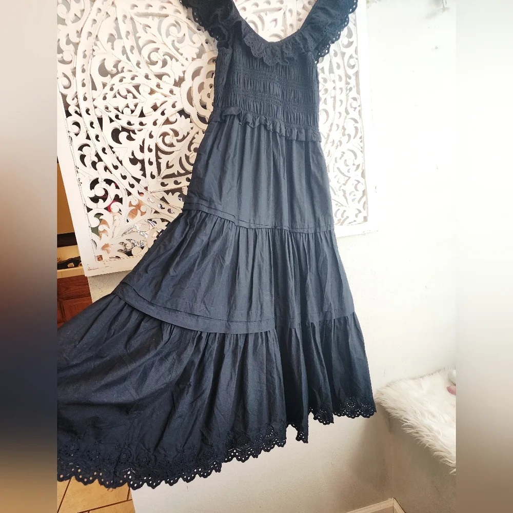 Madewell Madilynn Ruffle Neck Lucie Black Midi Dress Size 0 - Picture 5 of 14